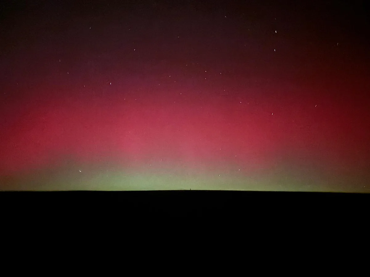Man sieht grüne, violette und pinke Polarlichter am dunklen Nachthimmel.